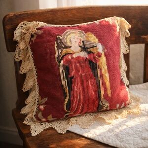 Vintage Needlepoint Angel Pillow Lace Trim 12x12 Romantic Heirloom Decor